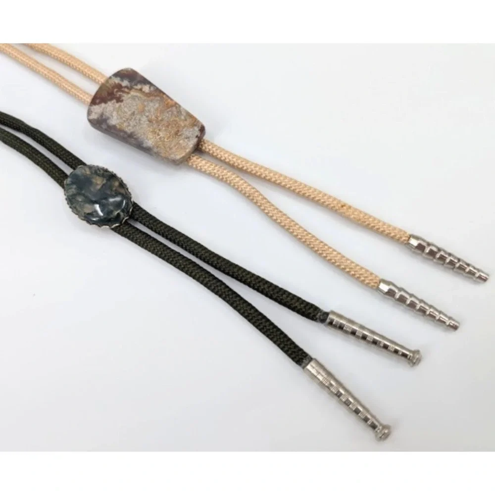 Lot of 2 Vintage Bolo Tie Green‎ and Tan Natural Stone Western Necktie Festival